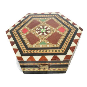 Vintage Spanish Marquetry Trinket Box| Hexagon Jewelry Inlaid Wood Taracea